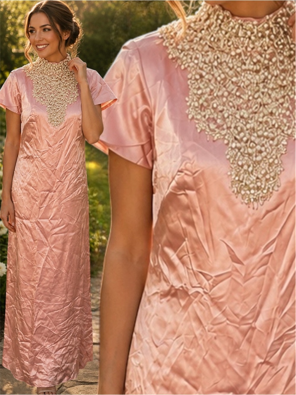 Vintage Beaded Blush Pink Evening Cottagecore Grannycore Victorian Maxi Dress